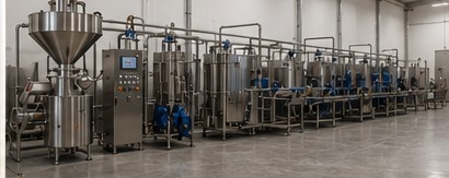 Render della linea di produzione in acciaio inox per la crema di nocciole