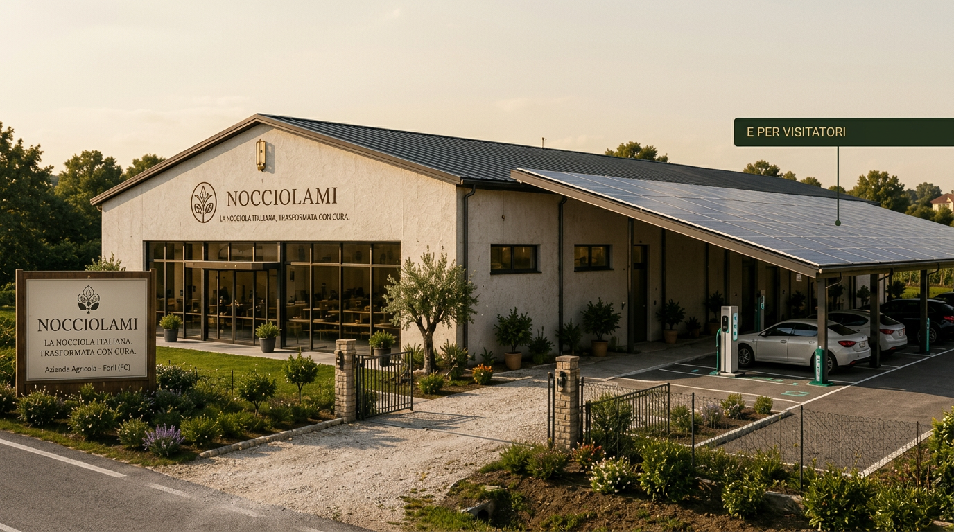 Render della facciata del capannone Nocciolami a Forlì con tettoia fotovoltaica e ricarica elettrica