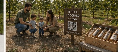 Famiglia adottante nel noccioleto Nocciolami accanto al cartello del proprio nocciolo con QR code