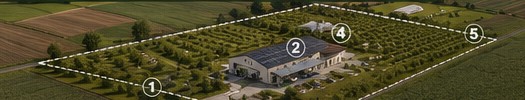 Vista aerea del complesso Nocciolami: 17.000 m² tra noccioleto, capannone e area didattica