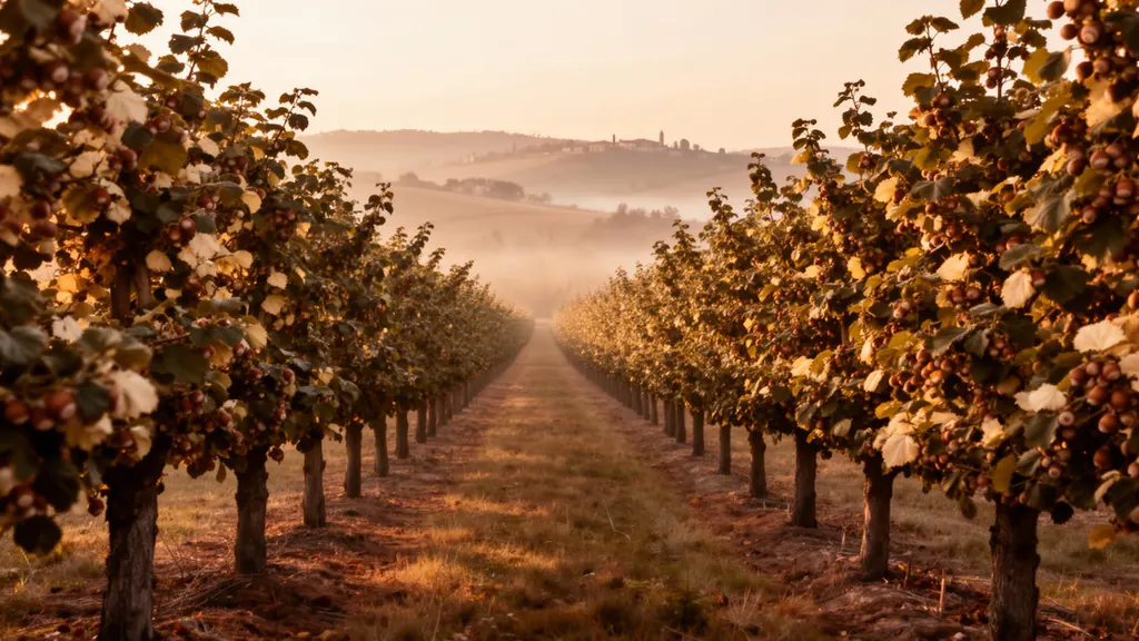 Noccioleto sulle colline della Romagna al tramonto