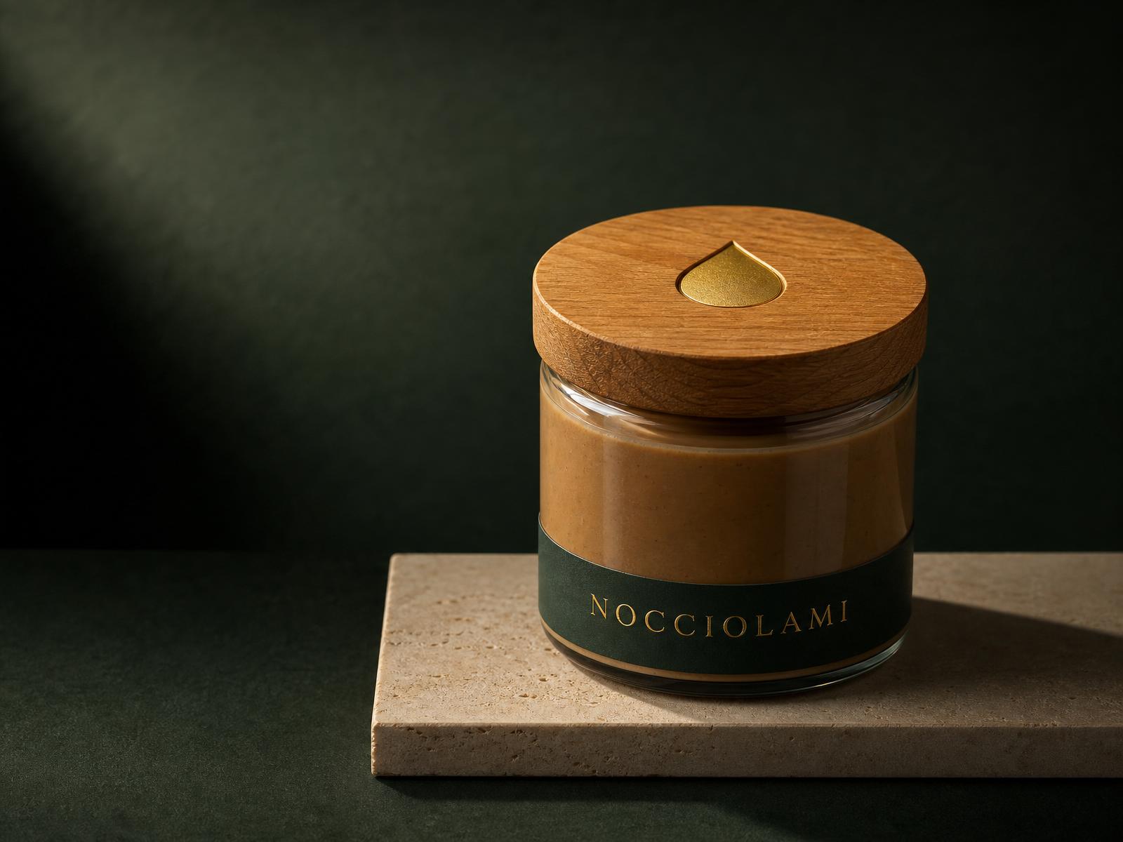 Vasetto Nocciolami in vetro trasparente con tappo in legno tornito e goccia oro satinato incisa al centro, su plinto di travertino, fondo Verde Bosco