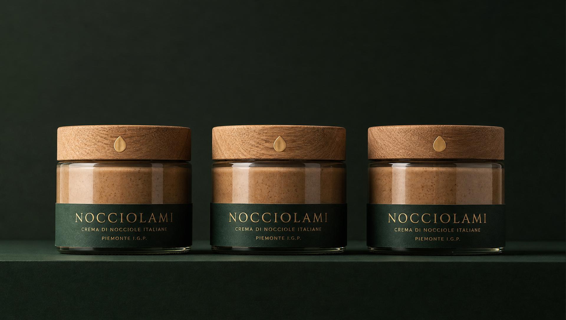Tre vasetti Nocciolami allineati su fondo Verde Bosco, tutti con tappo in legno e goccia oro: stesso sistema, stessa silhouette, riconoscibili a distanza