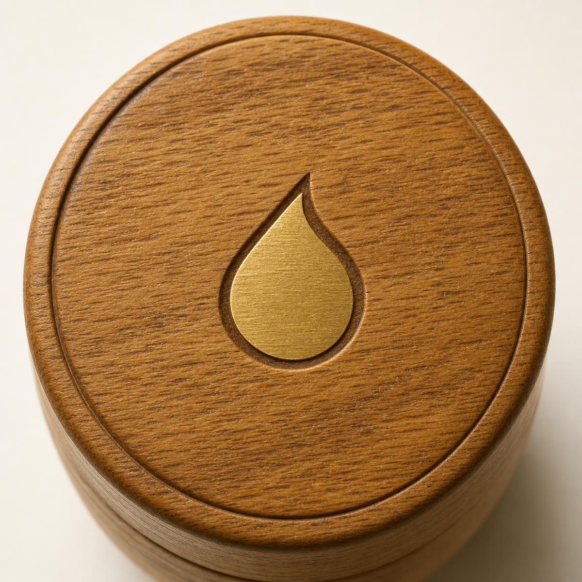Macro del tappo Nocciolami in legno di faggio con goccia stilizzata incisa a CNC e inlay in foglia oro satinato