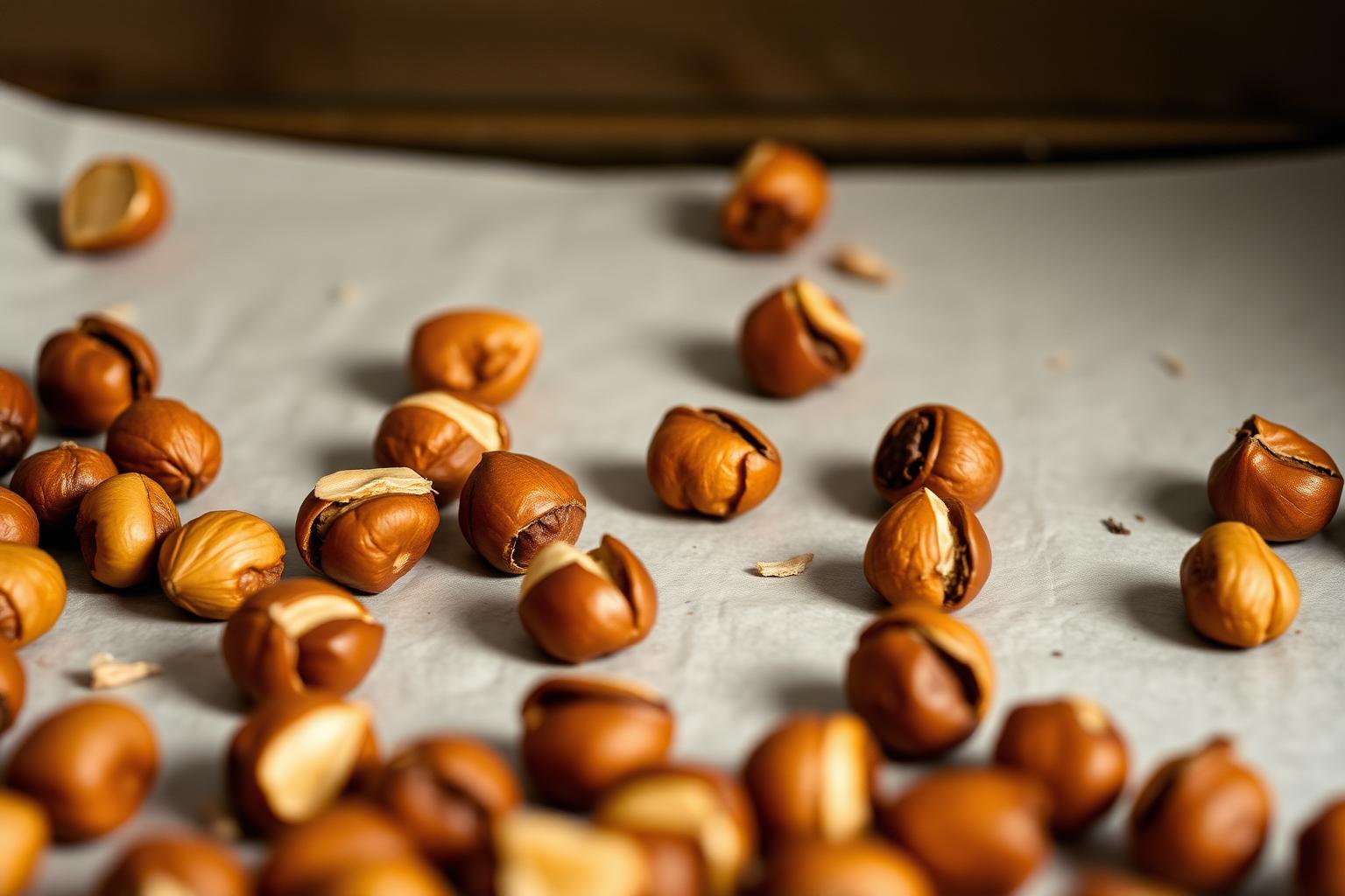 Nocciole tostate appena uscite dal forno su teglia con carta da forno, pellicole spaccate e cuore ambrato — tostatura a 160 °C per 18 minuti