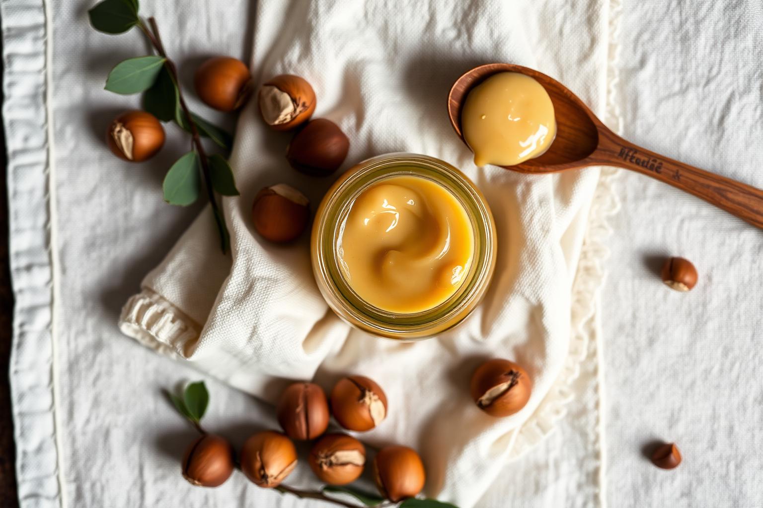 Vasetto di vetro con crema di nocciole italiana fatta in casa, nocciole tostate Tonda Gentile e cucchiaio di legno su tovaglia di lino crema