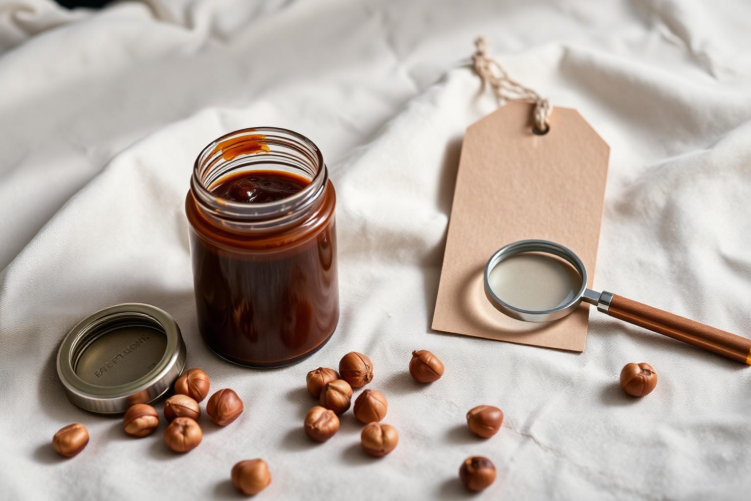 Vasetto di crema di nocciole senza olio di palma con cartellino in carta kraft e lente d'ingrandimento per leggere l'etichetta degli ingredienti