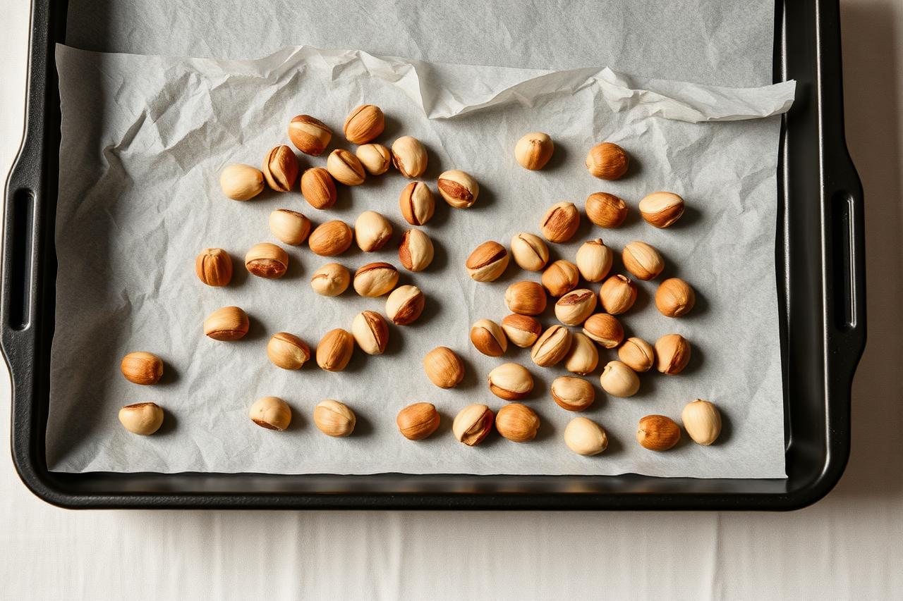 Nocciole italiane Tonda Gentile Romana disposte su carta forno in una teglia, pronte per la tostatura a 160 °C