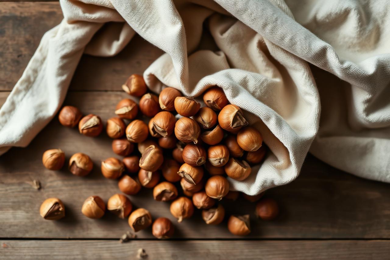 Nocciole tostate avvolte in un canovaccio di cotone, con le pellicine brune staccate sparse sul tavolo di legno