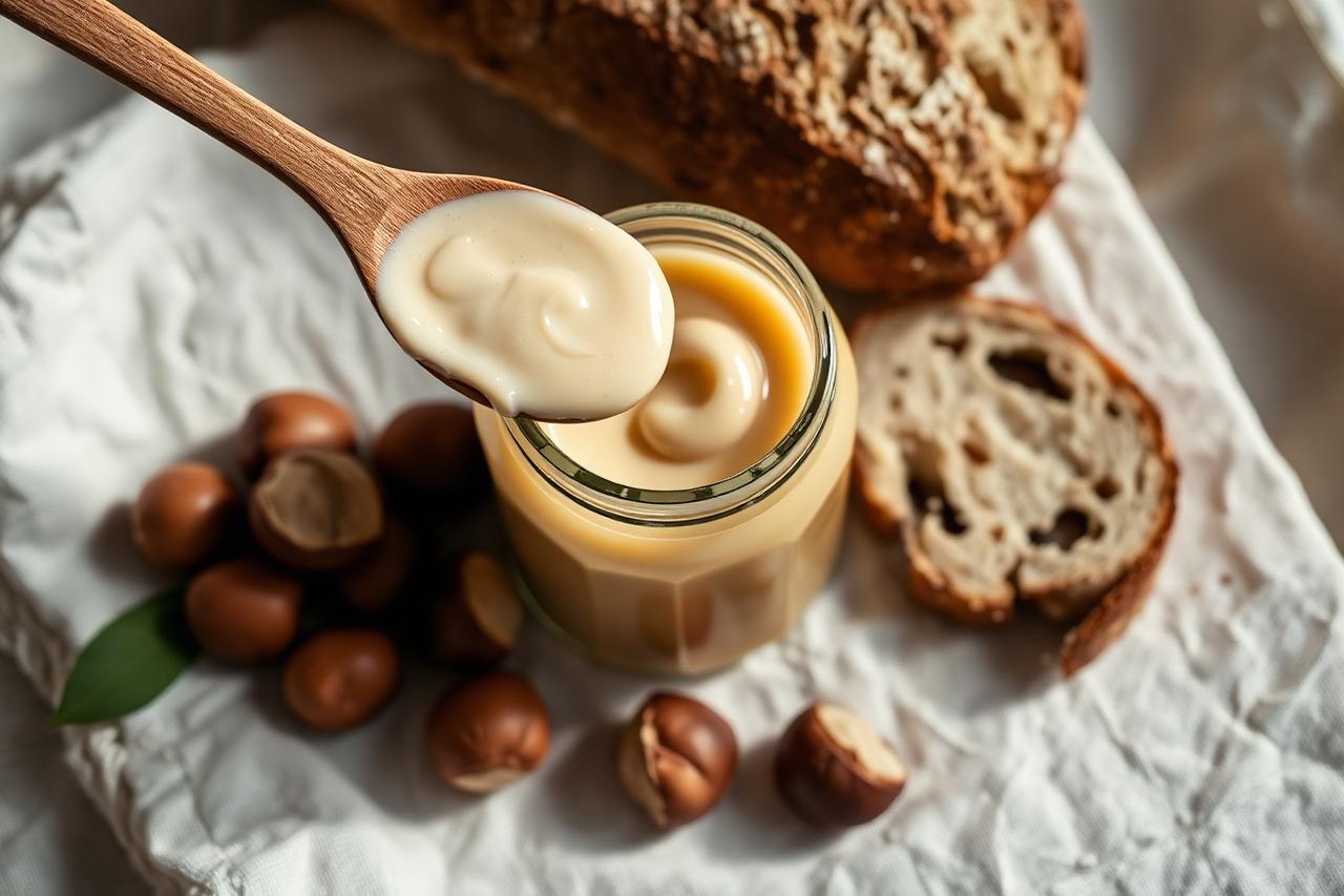 Vasetto di vetro con crema di nocciole artigianale italiana, cucchiaio di legno che solleva un nastro di crema, nocciole intere e pane rustico accanto