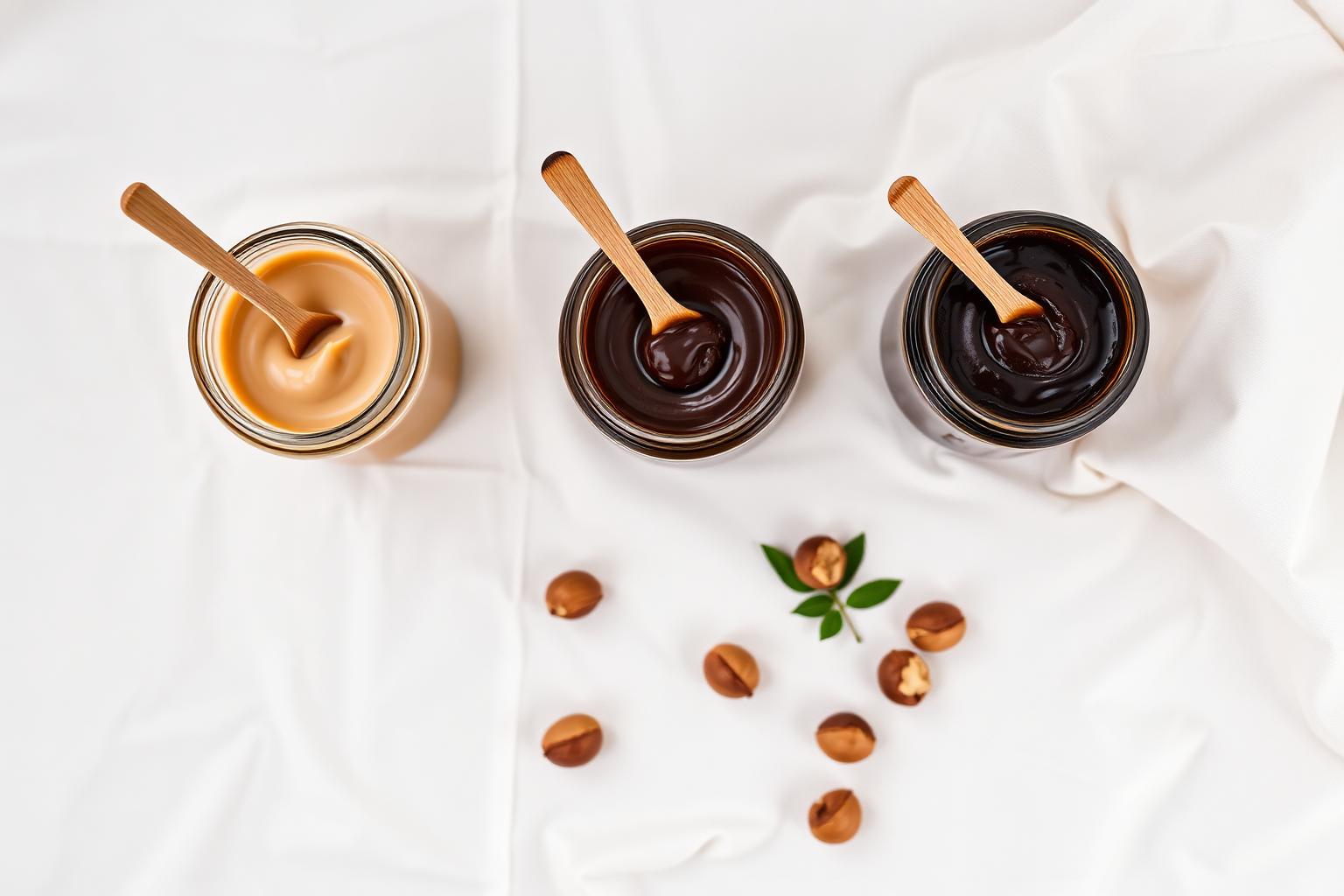 Tre vasetti aperti a confronto: crema di nocciole pura ambrata, nocciolata bruna al cacao e gianduia scura al cioccolato fondente con cucchiai di legno