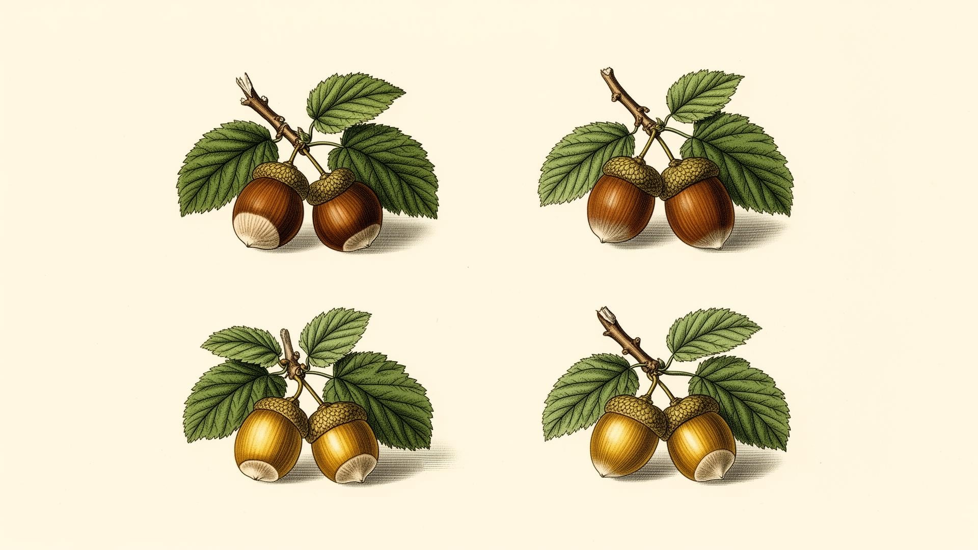 Composizione overhead delle quattro varietà di nocciole del noccioleto Nocciolami — Tonda Gentile Romana, Tonda Francescana, Nocchione, Mortarella